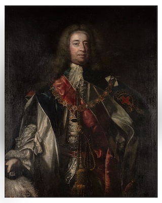Sir Joshua Reynolds (British, 1723-1792) Portrait of Lionel Sackville, 1st Duke of Dorset, half-length standing to front in Garter robes, hat in right hand